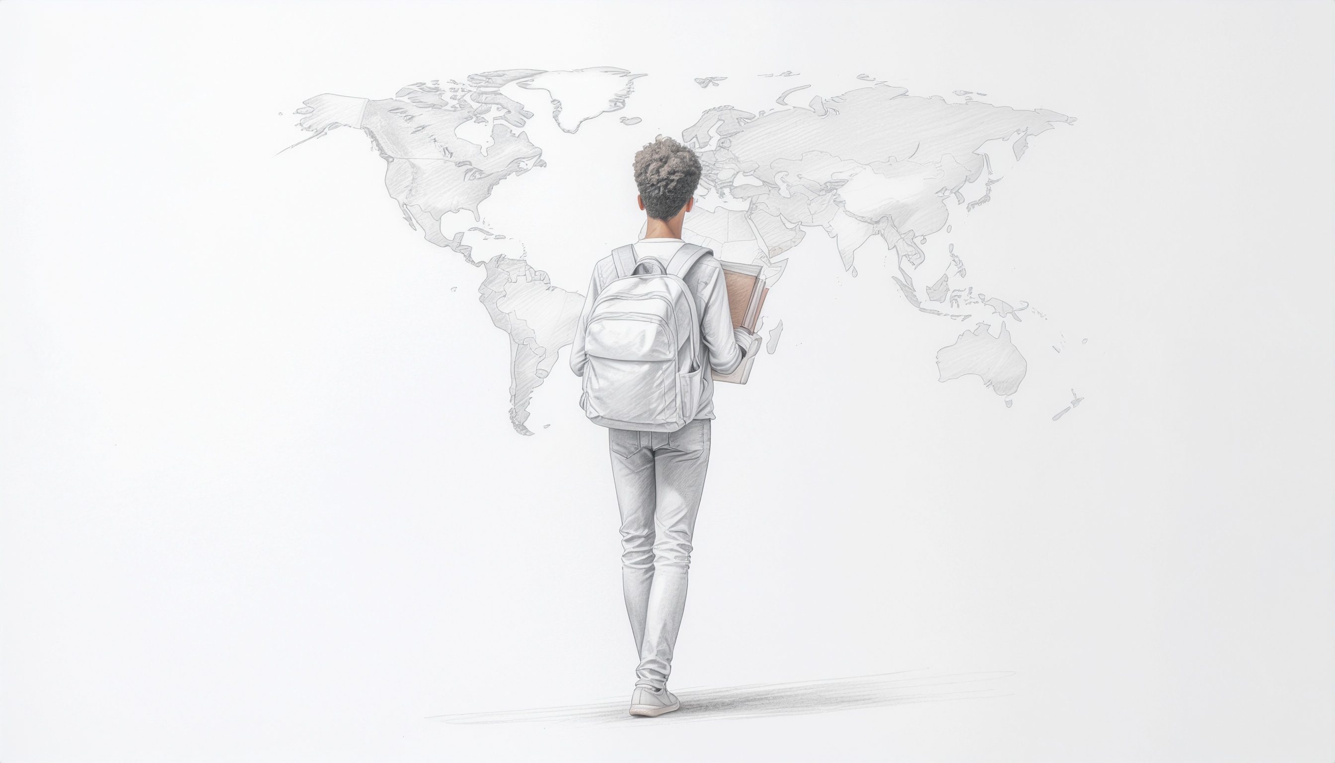 Pencil drawing of student looking at sketched world map